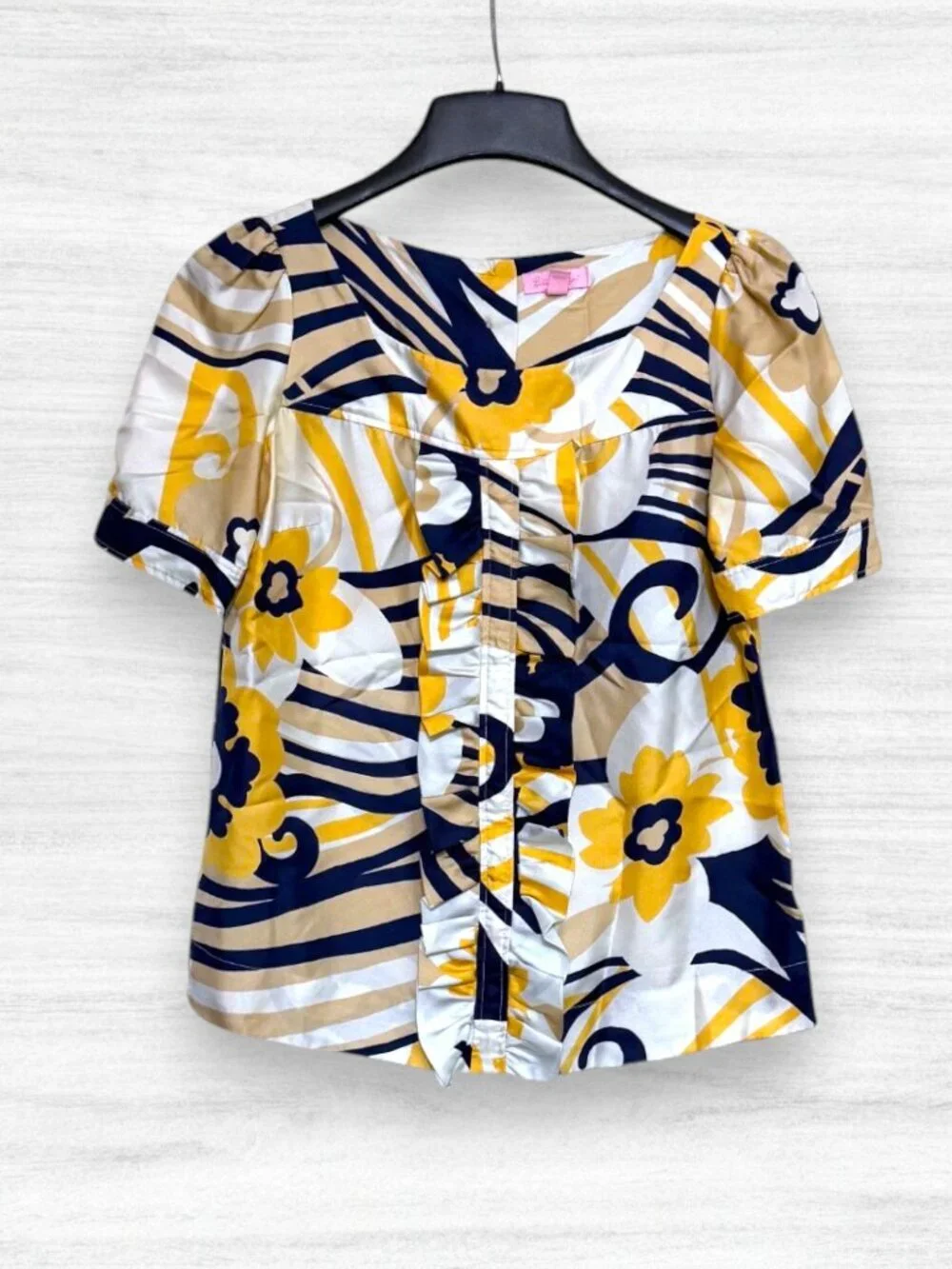 Lilly Pulitzer 100% Silk Floral Ruffle Blouse Puff Sleeve Top Women's Size 0